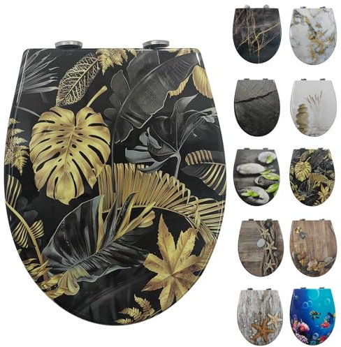 Toilettendeckel mit Absenkautomatik, WC Sitz mit Absenkautomatik Oval Form klodeckel Einfache Reinigung, Abnehmbarer WC-Sitz, 150kg belastbar, einfache Montage – Motiv: Palmwedel