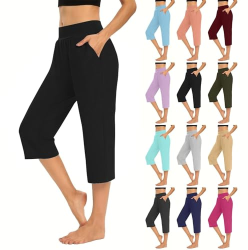 AMDOLE Cropped Leggings for Women UK Cropped Capri Pants Ladies High Waisted 3/4 Length Trousers Elastic Waist Straight Leg Trouser with Pockets Solid Color Tights Soft Pant Office Work Black XXL