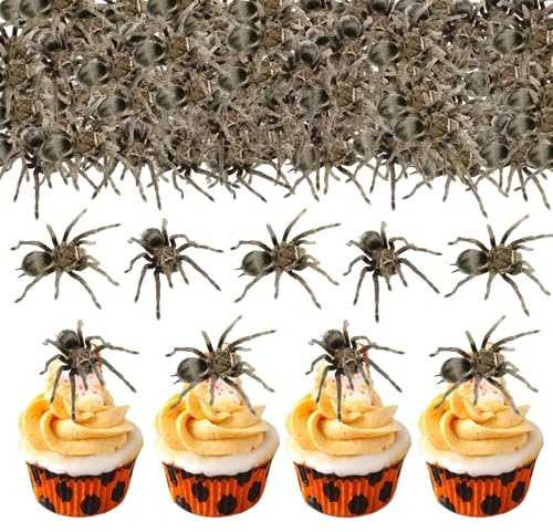 50 Stück Essbare Spinnen,Halloween Spinnen Deko Essbar,Spinnen Kuchendeko,Realistische Wolfsspinne Deko Essen Spinnen Cupcake Topper für Kuchen Deko Tortendeko Halloween Party