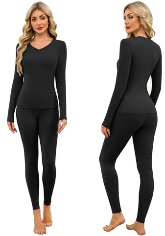 Ekouaer Ropa Termica Mujer Camiseta Termica Mujer Manga Larga & Pantalon Termico Camiseta Interior Cuello en V Ajustado Suave, Negro M