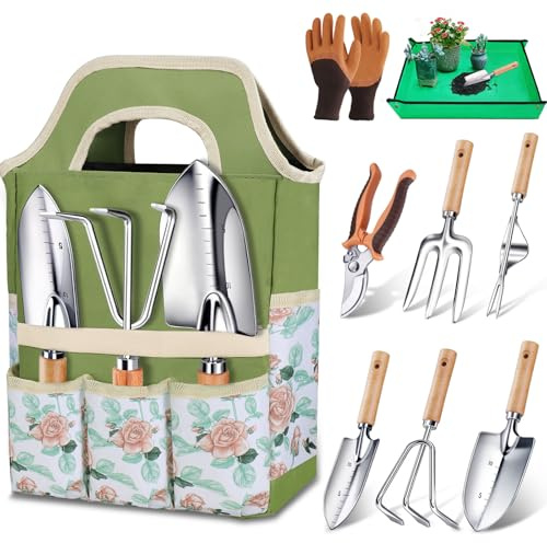 Kynup Kit de Jardinage 9 Pièces, Ensemble Outils de Jardin en Acier Inoxydable avec Manches en Bois Ergonomiques - Idéal pour la Plantation, Désherbage et Rempotage, Cadeau Pratique pour Jardiniers