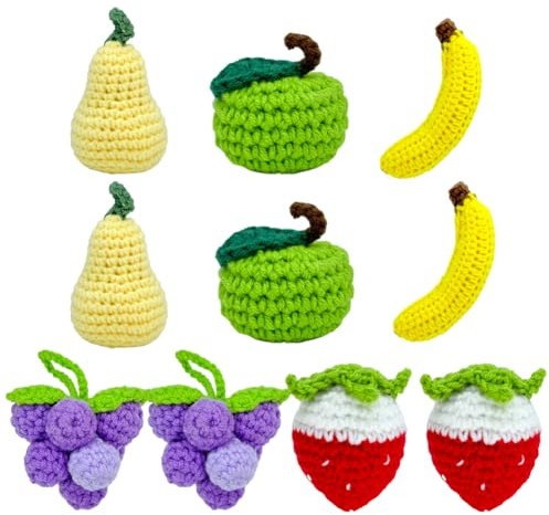 Magicherry 10 Pieces Cute Crochet Fruits Finished Crochet Bananas Pear Apple Grape Strawberry Charm Handmade Knitted Artificial Fruits for Home Kitchen Party Photo Prop Decoration