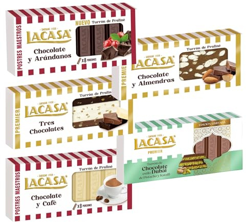 Pack Surtido 5 Turrones Lacasa:Cacao y Almendras, Chocolate y Arándanos, Cacao y Café, Tres Chocolates,Estilo Dubai con Pistacho y Kataifi