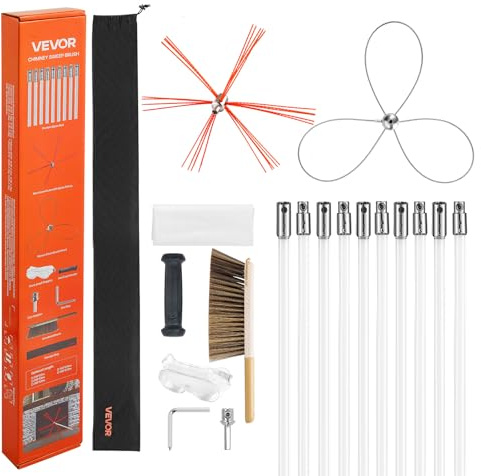 VEVOR Kit Pulizia Stufa a Pellet, Spazzola per Camino Estensibile Fino a 10 m, Spazzacamino con Doppie Testine, Spazzola e Occhiali, Strumento per la Pulizia del Camino per Rettangolari e ad Arco