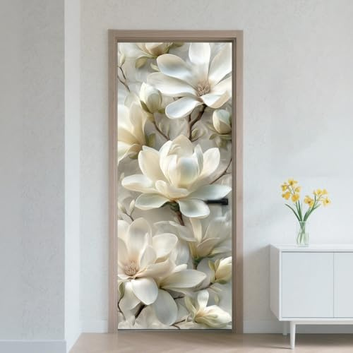 CRAFTYMELODY Türaufkleber Selbstklebend Abnehmbar Vinyl PVC Wasserdicht Türaufkleber Tapete Weiße Magnolienblumen