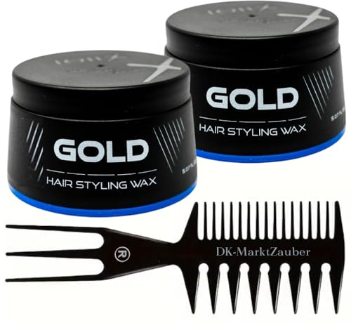 Haarstyling Wachs Gold Blau 2×150 ml mit Profi Kamm | Extra starker Halt, Glanz-Effekt, Vitamin E, alkoholfrei, UV-Schutz | Für Männer & Frauen | Leicht auswaschbar