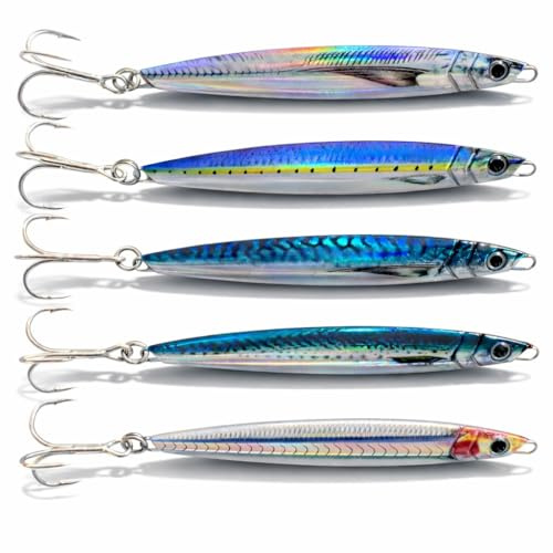 COSTA MARINA 5er Set Angelköder Metal Jigs – 40g Pilker für Meerforelle, Wolfsbarsch, Makrele & Barsch – Schlanke Weitwurf-Köder mit holografischem Design & 3D-Augen – Salzwasserfest
