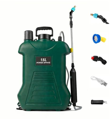 Mochila Pulverizadora de 15L, Sprayer de Jardín con Batería y 4 Boquillas de Neblina, Manguera Retráctil y Correa para Hombro, Pulverizador Eléctrico de Agua para Exteriores, Huerto, Jardín y Flores