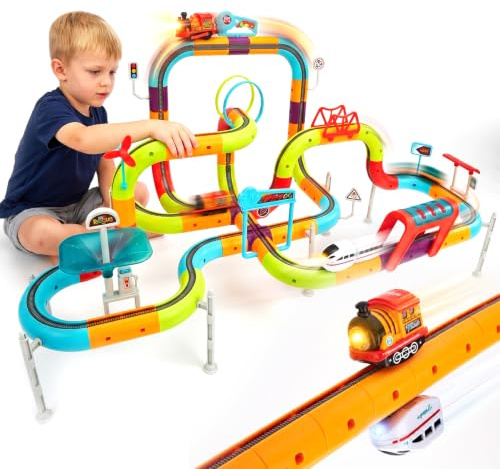hahaland Tren de Juguete Eléctrico Niños 115 Piezas, Pista 3D Antigravedad con 2 Vehículos Recargables, Luces y Música, Juego de Construcción Stem, Regalo Niño Niña 3 4 5 6 Años