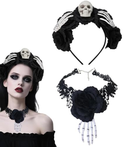 Collier Ras De Cou Gothique Serre-Tête Vintage Noir Crâne pour Halloween
