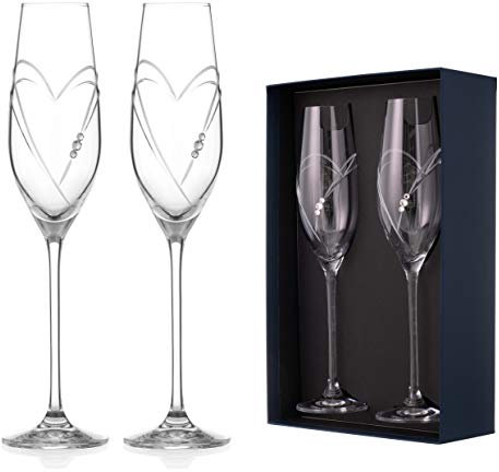 DIAMANTE Coppia di bicchieri da champagne e prosecco con design Cuori e cristalli