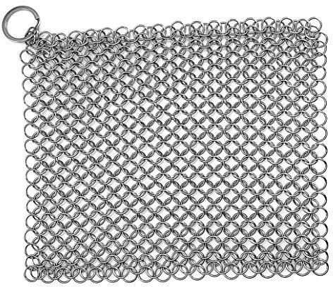 Stainless Steel Cast Iron Cleaner, Chainmail Scrubber, Skillet Grill Scraper With Hanging Ring Anti-Rust Made For Cast Iron Pans, Pre-Seasoned Pan, Waffle Iron, Dutch Oven Pans, 7.5inch x 6inch Square