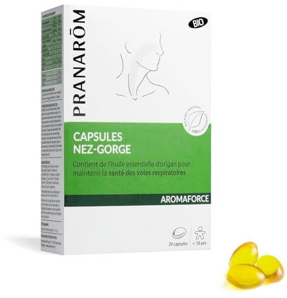 Pranarôm - Aromaforce - Capsules Nez-Gorge, Compléments Alimentaires Aux Huiles Essentielles, Origan vulgaire, Maintient La Santé Des Voies Respiratoires, Citronnier, 100 Pour cent Bio - 30 Capsules
