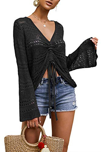 Saodimallsu Haut court bohème à épaules dénudées pour femme | Haut bohème, épaules dénudées, haut court transparent, manches cloches, hauts fluides, surdimensionnés, pulls en crochet