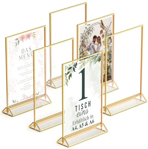 Gold Picture Frames Double-Sided, 6-Pack A5 Acrylic Table Number Holders, Clear Easel Stands for Signs, Gold Frames for Wedding Table Numbers, Menu Holders, and Photo Displays for Events and Décor