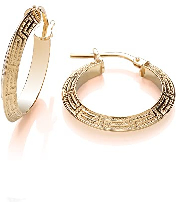 9ct Yellow Gold on Silver 20mm Greek Key Creole Hoop Earrings