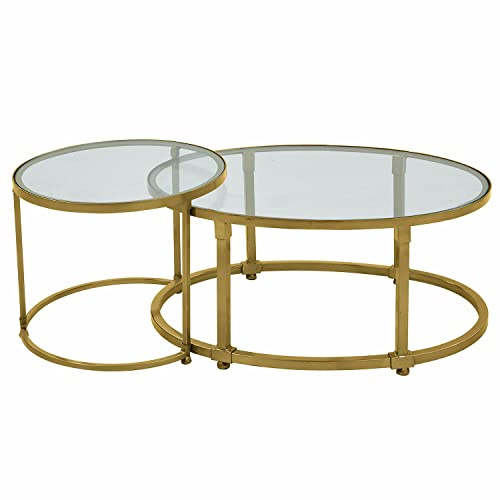 Loberon Couchtisch 2er Set Ninove, Zwei Abgestufte Größen, Zeitloses Design, Nostalgischer-Charme, Antik-Finish, Sofatisch, Wohnzimmertisch, Eisen, Glas, antikgold
