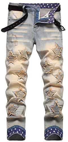 Baylvn Men's Skinny Biker Designer Ripped Five-Pointed Star Patched Patchwork Jeans,848 Vintage Blue,Size 30