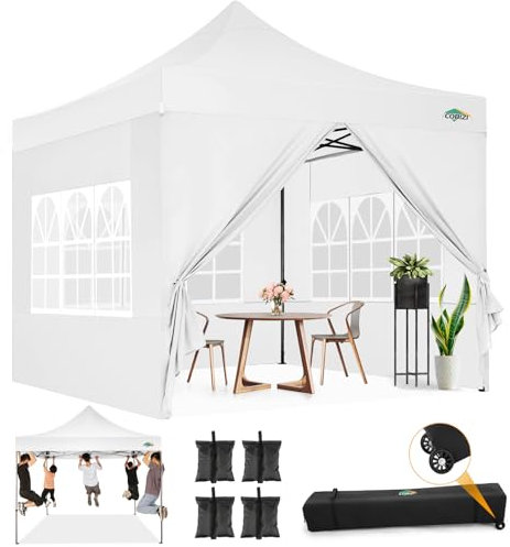 COBIZI pavillon faltpavillon 3x3 wasserdicht stabil Winterfest,Outdoor faltbar partyzelt，gartenpavillon mit 4 Seitenteilen und 4 Sandsack und Laufradtasche, Weiß