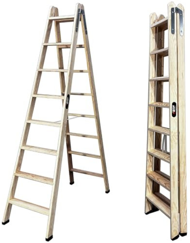 BTF Scale a forbice in legno di pino doppia salita certificate | ideale per professionisti pittore, gessolista, elettricista o anche per la tua casa | 8+8 gradini, H.194 cm. Rif. BTF-MDP008