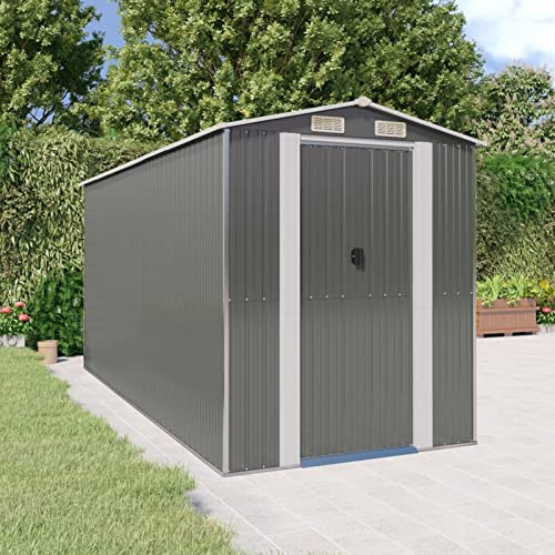 Festnight Caseta de Jardín Metálica 192x440x223 cm, Cobertizo Exterior Metálico para Almacenamiento de Herramientas, Caseta con Puertas Correderas y Ventanas para Terraza, Gris Claro