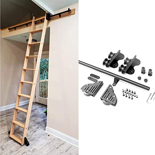 Schiebe-Scheunentor-Komplettset (Keine Leiter), 3,3 Fuß bis 20 Fuß große einziehbare Rollleiter-Hardware-Bibliothek, Rundrohr-Mobilleiterschiene + Verlängerungsschiene, mit Bodenrollenrädern