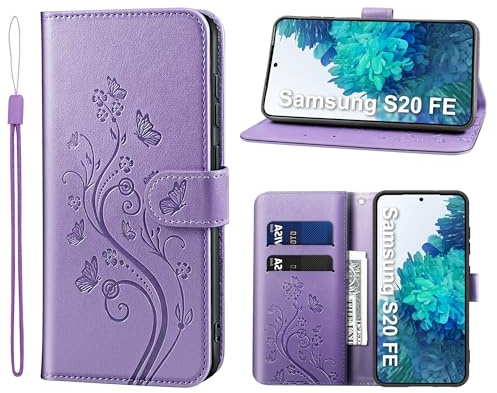 KRAFTCARE Lederhülle für Samsung Galaxy S20 FE Klapphülle Leder Hülle | Premium PU Leder mit Prägung, Kartenfach, Ständer, Magnetic Closure, RFID Blockierung, Flip Wallet Handyhülle, Lila
