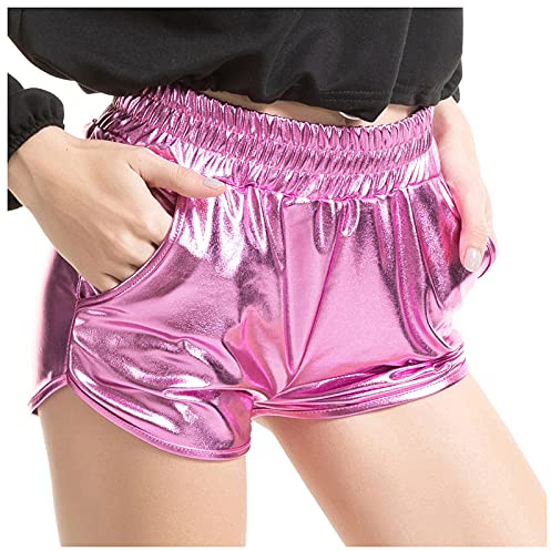 Damen Metallic Hotpants, Glänzende Shorts Lederleggings mit Hoher Taille, Glanz Leggings Eng Anliegende Kurze Hose für Tanz Sport Discokostüm Faschingkostüm Karneval