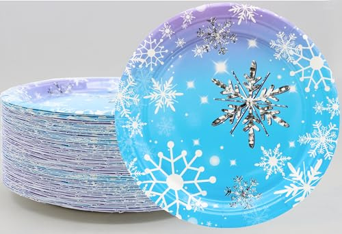50Pcs Frozen Snowflake Party Supplies,Snowflake Paper Plates,7Snowflake Plates Disposable Chrisstma Plates for Winter Snowflake Theme Wonderland Holiday Xmas Snowflake Birthday Party Decor(Blue)