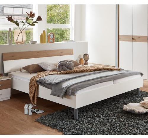 Lomadox Doppelbett Bettgestell Liegefläche 180x200 cm in weiß mit Eiche