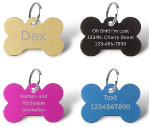 Personalisierte Hundemarke – Knochen 27x32 mm – gravierbare Haustiermarke aus Aluminium – beidseitig beschriftbar – viele Farben & Größen