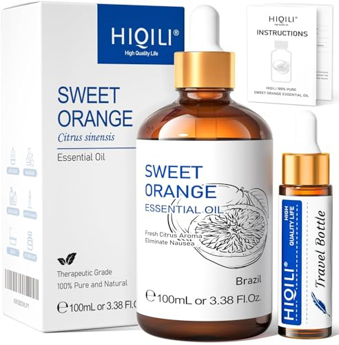 HIQILI Huile Essentielle d'Orange Douce pour Soin de la Peau et Diffuseurs | Flacon de voyage inclus, parfum d'agrumes pour boules de séchage DIY et sprays nettoyants - 100 ml / 3,38 fl oz
