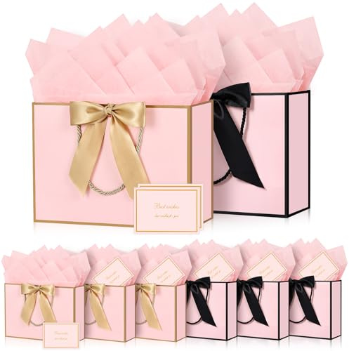 BBILKE Sacchetti Regalo Medie - 8 Sacchettini Borsa Regali Compleanno in Carta con 8 Carte, Buste Regalo Grandi Elegante con Manici per Anniversaire San Valentino Festa di Nozze Natale (Rosa)
