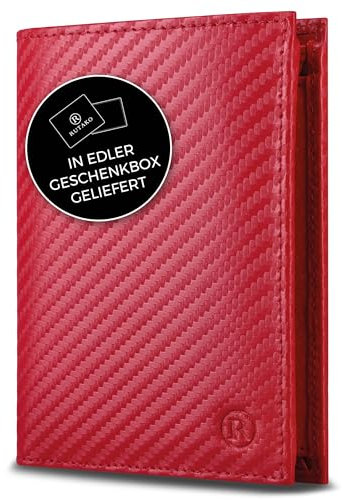 RUTAKO Leder Geldbörse Herren mit RFID Schutz - Portemonnaie Groß mit Münzfach - 12 Fächer - Geldbeutel für Männer - Brieftasche Wallet Portmonee Carbon-Rot
