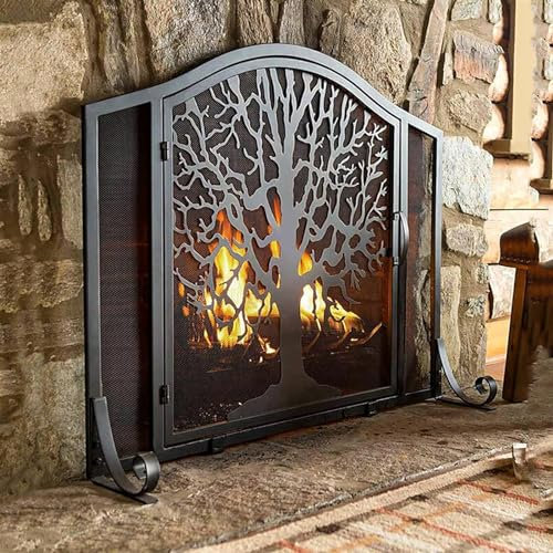 Funkenschutzgitter für Kamin, Schutzgitter aus Metall, Schmiedeeisen, schwarz, mit Baum des Lebens, Funkenschutzgitter