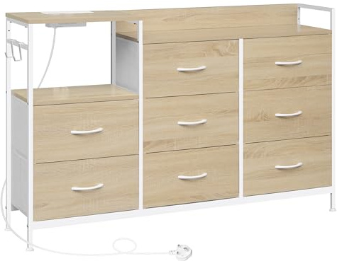 WOLTU Kommode mit 8 Schubladen aus Stoff, Stoffkommode mit Steckdosen, Kommodenschrank für Schlafzimmer Wohnzimmer Flur, aus Metallrahmen Holzwerkstoff, Helle Eiche+Weiß, SSK007whe