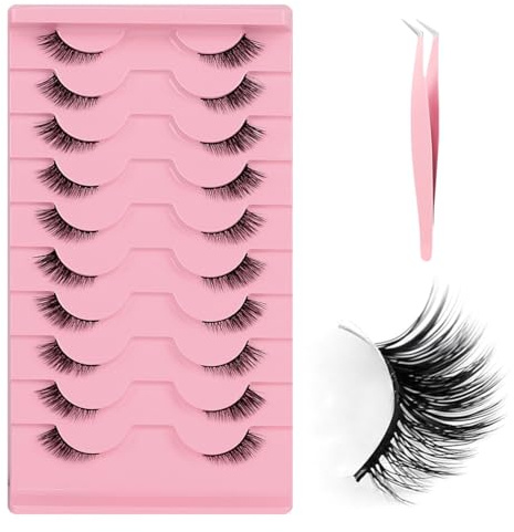 VONJUMA 10 Paires Demi Faux Cils Bande Transparente 3D Faux Cils Naturel Half Lashes Oeil De Chat Reutilisable Fake Eyelashes Avec 1 Pincettes