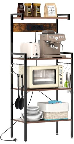 COSTWAY Scaffale da Cucina con Multipresa e Struttura in Metallo, 8 Ganci | Mensola per Microonde con 4 Ripiani, per Sala Pranzo e Pannettiera, 59 x 34 x 136 cm, Marrone Vintage