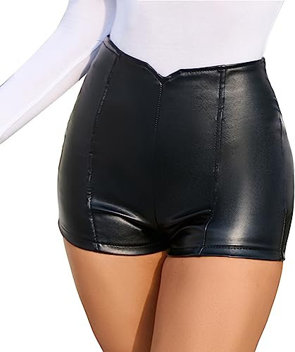 Damen Pu Hotpants Kurze Hose Wetlook Booty Shorts Low Rise Panties Taillenband Skinny Lederoptik Hotpants Damen Sexy Leder Shorts Glanz Hohe Taille Pu Kurze Hose Clubwear Schwarz XL