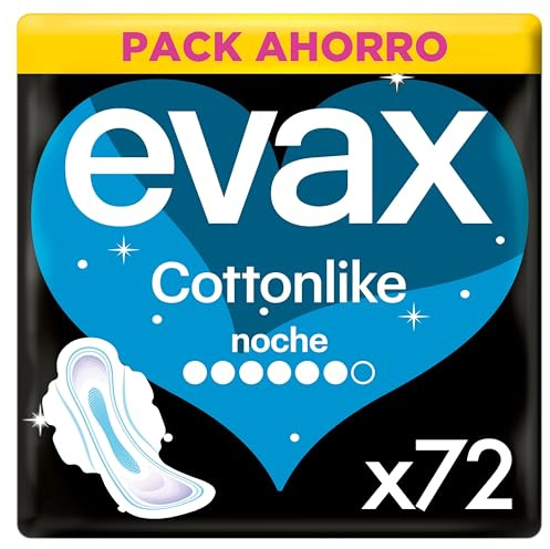Evax Cottonlike Noche Compresas Con Alas, Pack de 72, Parte Trasera Más Ancha, Absorben Flujo Repentino, Eliminan Malos Olores, Capa Superior Extrasuave, 100% Limpia y 0% Olor