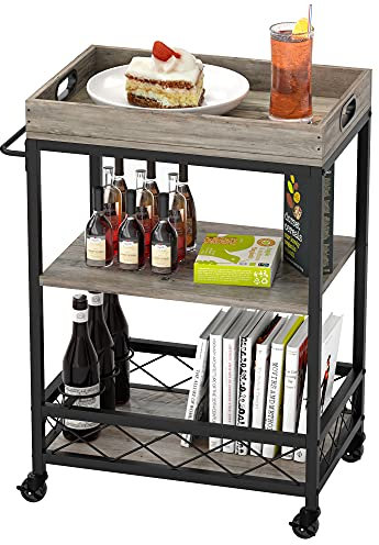 Carrito de servir bar con ruedas, 3 niveles, carrito de servir con placa de madera y estante de almacenamiento robusto, carrito de bar móvil con estante para vino y soporte para bebidas, 60 x 45 x 85