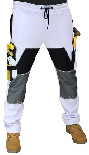 HASHOOB TRADING FZE Mens White Fleece Painter Decorators Work Trousers with Knee Pad Pocket Multi Cargo Pocket (Eight-White, L)