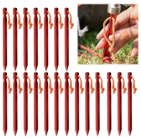 Aluminium Tent Pegs Heavy Duty, 20 Pack Red Camping Ground Pegs with Reflective Ropes and Carry Bag, 18cm Metal Tent Stakes, for Beach Hiking Tarps Hammock Outdoor Use