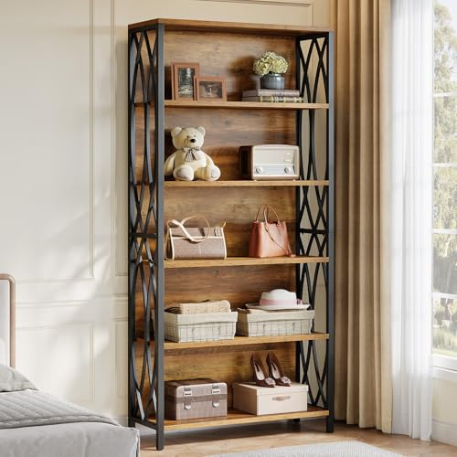 Tribesigns 180 cm hohes Bücherregal, 6-stöckiges Bücherregal im Industrial-Stil mit geometrischem Metallrahmen und offenen Ablageflächen, freistehendes Regal für Homeoffice, Wohnzimmer, Braun