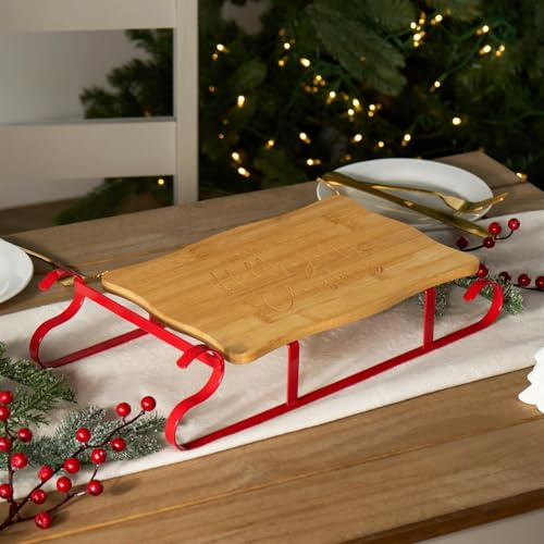 OHS Bamboo Serving Board Wooden Sleigh Xmas Decorations Christmas Serving Platter Charcuterie Cheese Boards with Sturdy Metal Frame Christmas Chopping Board for Snacks Food Prep