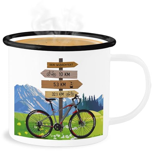 Emaille Becher Blechbecher - Radsport - Fahrrad Geschenk Fahrradfahrer mit Wunschtext personalisiert I Fahrradtour Berge I Radfahrer Geschenke Fahrradfans I Bike Fans - 300 ml - Weiß Schwarz
