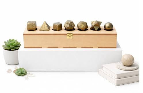 KULIA® Pierres des solides de Platon (7 pièces) – Coffret de géométrie sacrée, décoration spirituelle, boîte en bois sculptée à la main, pierres naturelles roulées, équilibrage des chakras
