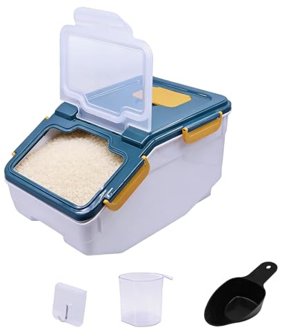 ANMOO Airtight Rice Storage Container 5kg with Locking Lid, Large Dry Food Dispenser with Wheels & Scoop, BPA-Free for Rice, Flour, Pasta & Dry Foods (Navy Blue)