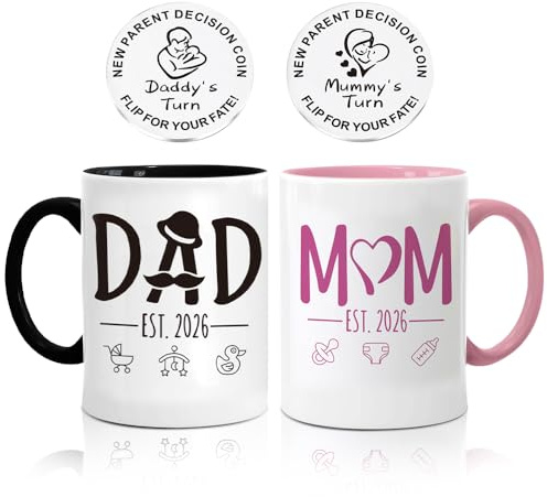 SGZIOO Set of 2 Mummy and Daddy Mugs, New Parents Gifts with Decision Coin, Mum and Dad Mugs 2026 for New Mum Gifts and Dad Gifts, Mothers Day Birthday