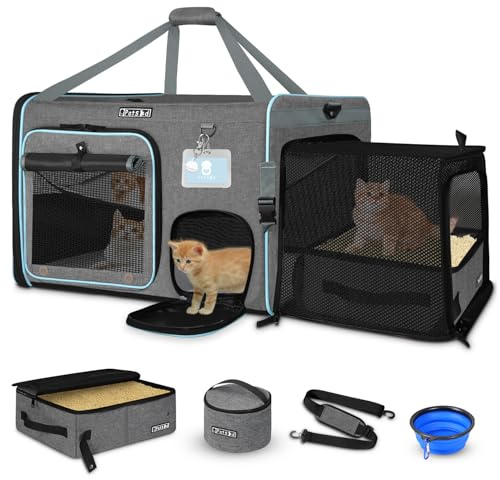 Petskd Side Expandable Extra Large Cat Carrier with Litter Box, Grey | 24L x 17W x 17H, Privacy Curtain and Lockable Safety Zippers, for Long Distance Car Travel, Cats Under 55 lbs